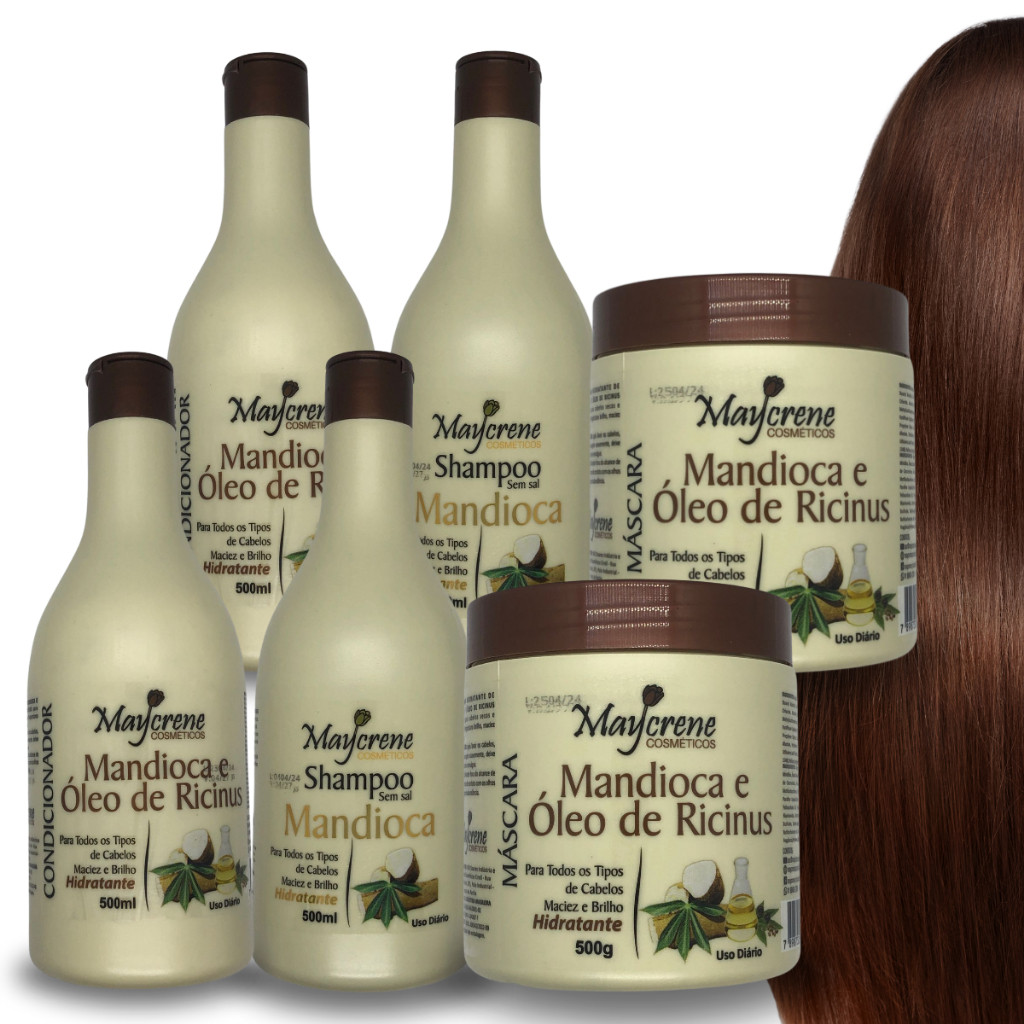 Kit Maycrene Mandioca 6 Produtos - 2 Shampoo + 2 Condicionadores + 2 Máscaras - Fortalecimento Capilar