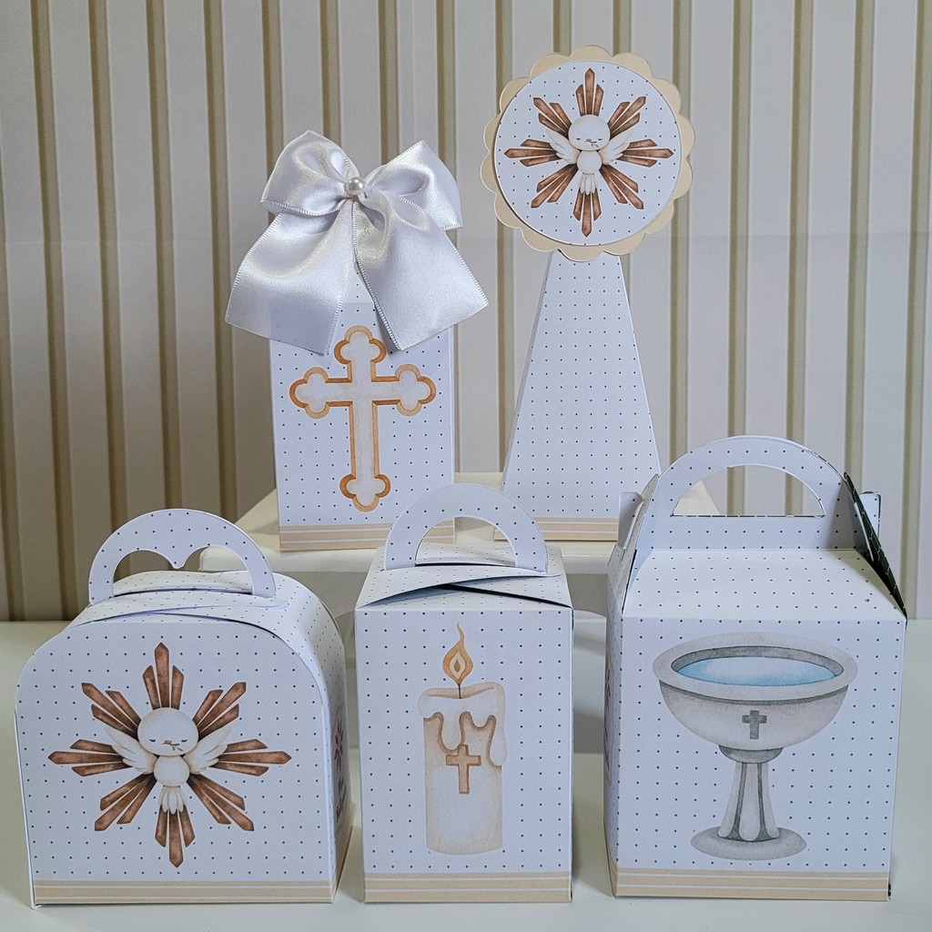 Kit Personalizados Batizado Branco Batismo Menino Menina Pegue Monte Caixinha Lembrancinha Festa Bege Luxo