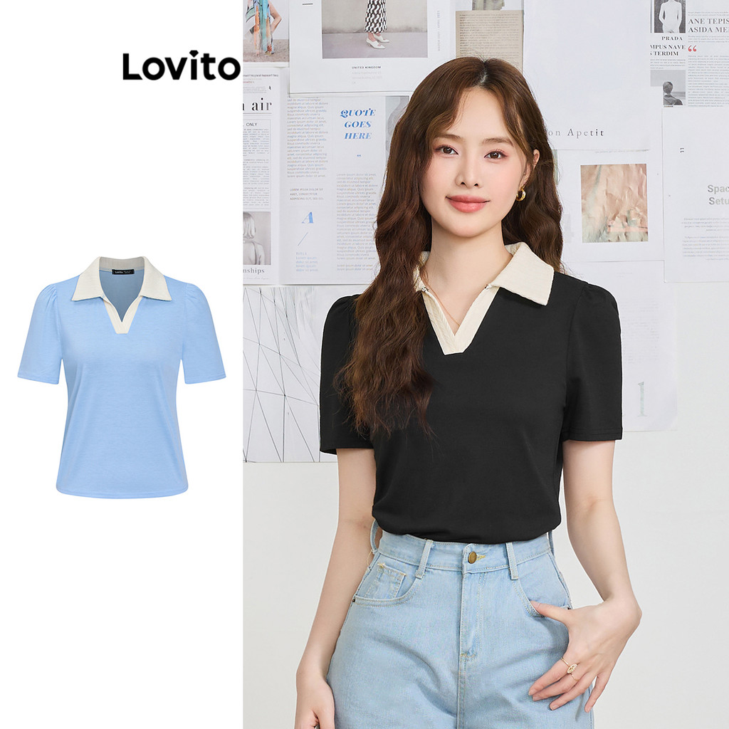 Lovito Casual Camiseta Feminina Lisa Colorblock Plissada L83EN248