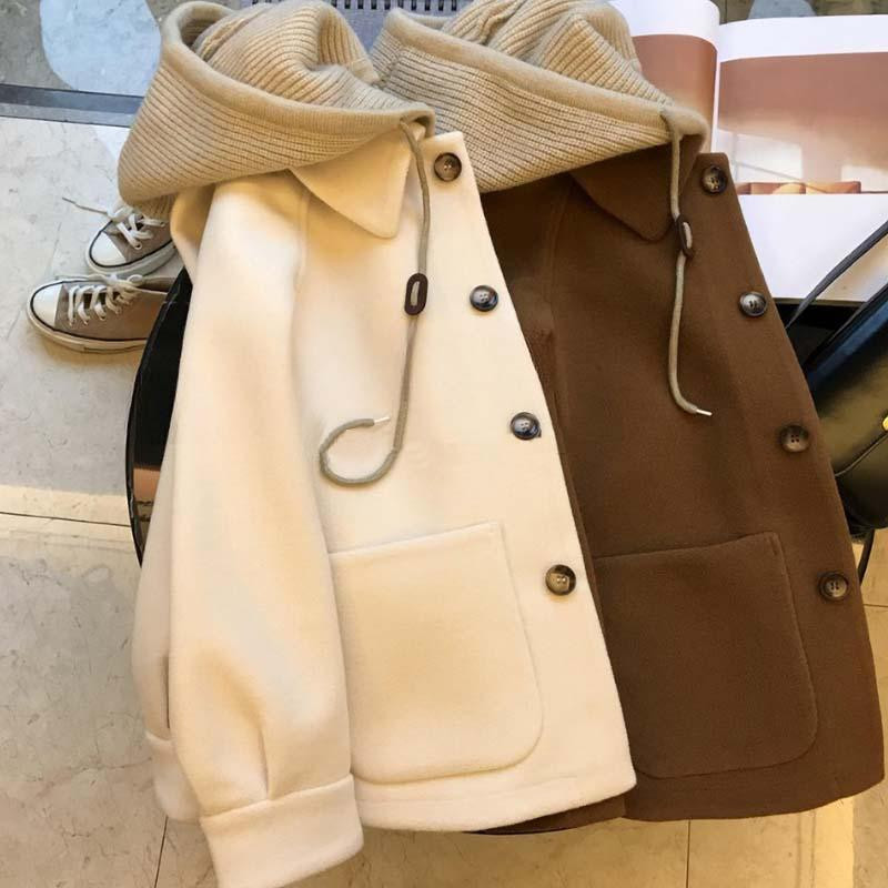 Outono/Inverno Novo Casaco De Lã Feminino Grande Solto Malha Com Capuz Falso Duas Peças Grosso Topo