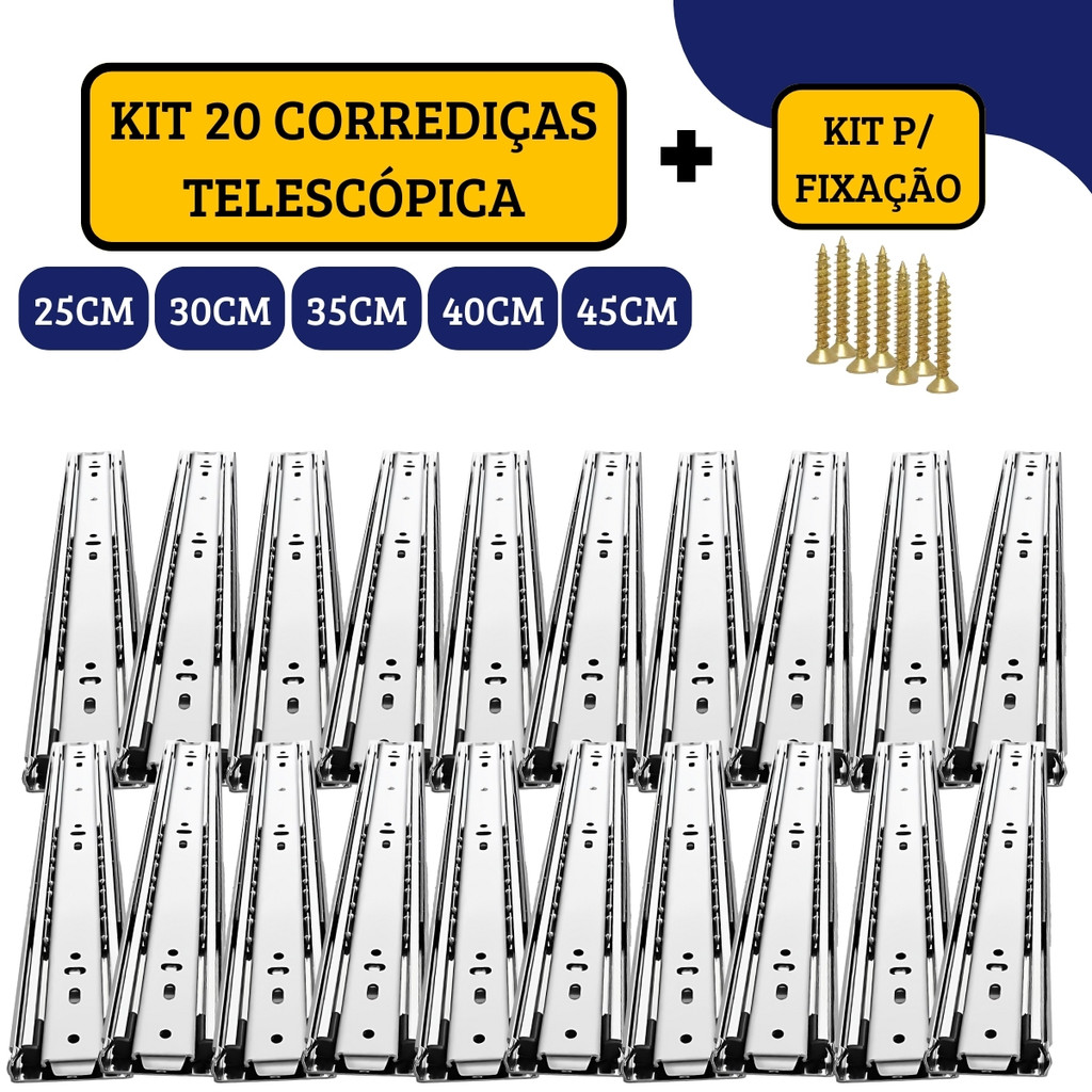 Kit 20 Corrediças Gaveta Trilho Telescópica Light COM Parafusos | 25cm - 30cm - 35cm - 40cm - 45cm em Oferta na Shopee