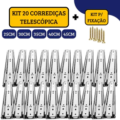 Kit 20 Corrediças Gaveta Trilho Telescópica Light COM Parafusos | 25cm - 30cm - 35cm - 40cm - 45cm