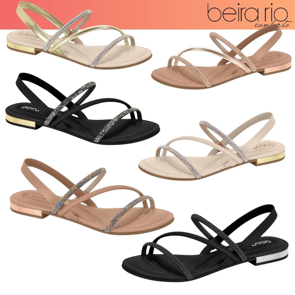 Sandália Feminina Rasteira Beira Rio Tiras com Elástico Brilho Glitter Birken