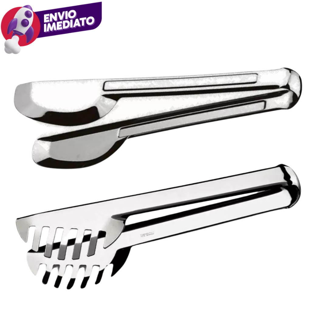 Kit 02 Un: Pegador Universal Tipo Pinça + Pegador Serrilhado Para Massas Salada Petiscos Em Aço Inox