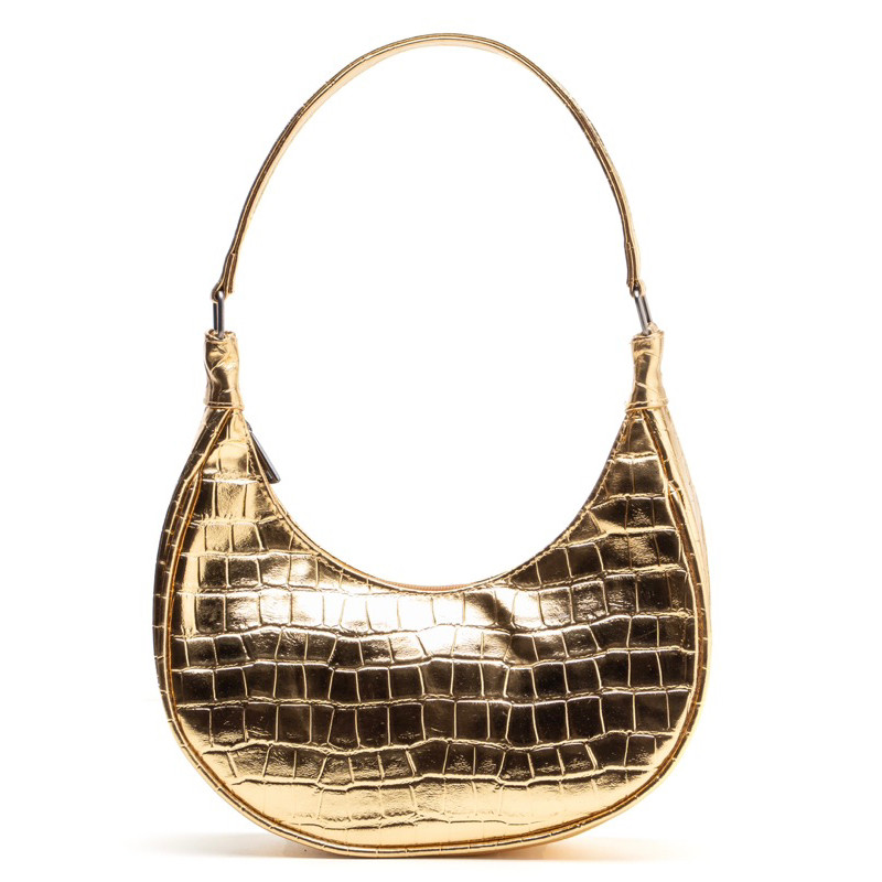 Bolsa Meia Lua Festa Feminina Metalizado Croco Tiracolo Baguete de Ombro Com Zíper Seguro Moderna