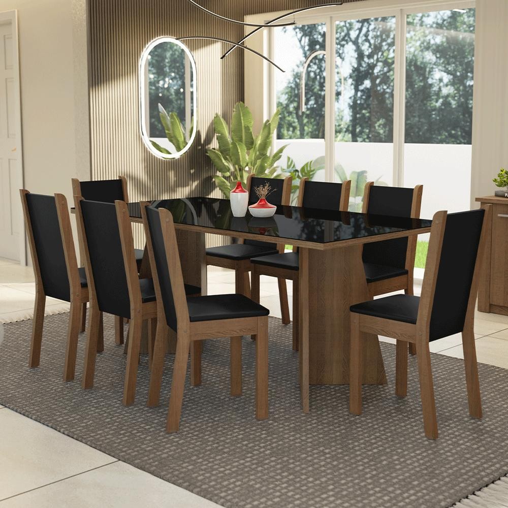 Conjunto Sala de Jantar Mesa Tampo de Vidro 8 Cadeiras Rustic/Preto Justine Madesa - Home & Living