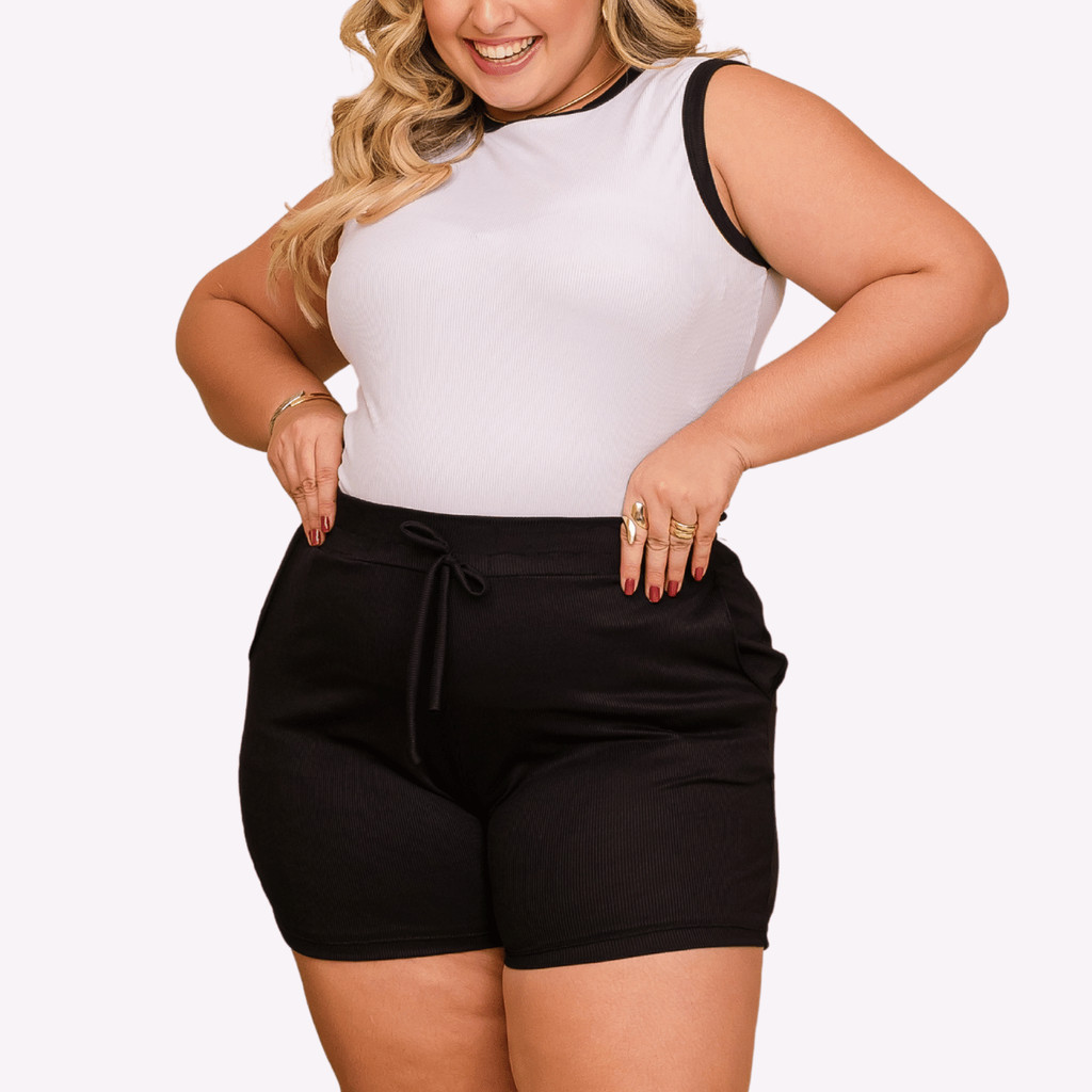 Conjunto Ribana Feminino Blusa Top Sem Manga Gola Redonda Short Moda Plus Size Canelado Verão Luxo