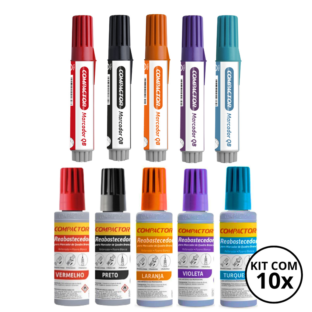 Kit Com 5 Marcadores de Quadro Branco + 5 Reabastecedores - COMPACTOR COR:KIT5 em Oferta na Shopee