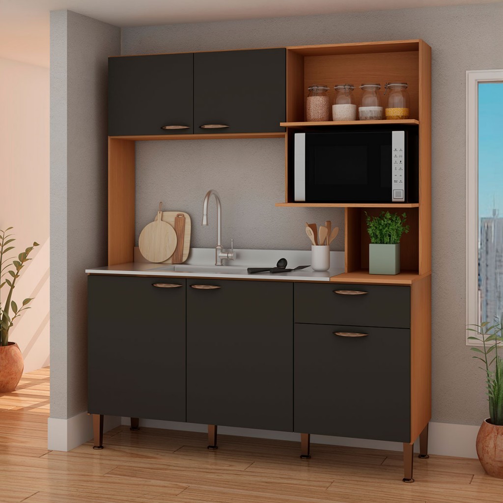 Cozinha Compacta Bella 5 Portas 1 Gavetas Freijó/Grafite Belga - Genialflex em Oferta na Shopee