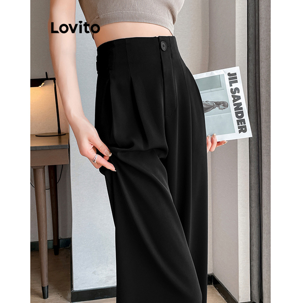 Detalhes do (LIVE STREAM SALE) Lovito Calça casual feminina com botões lisos e divididos na frente L96MD033