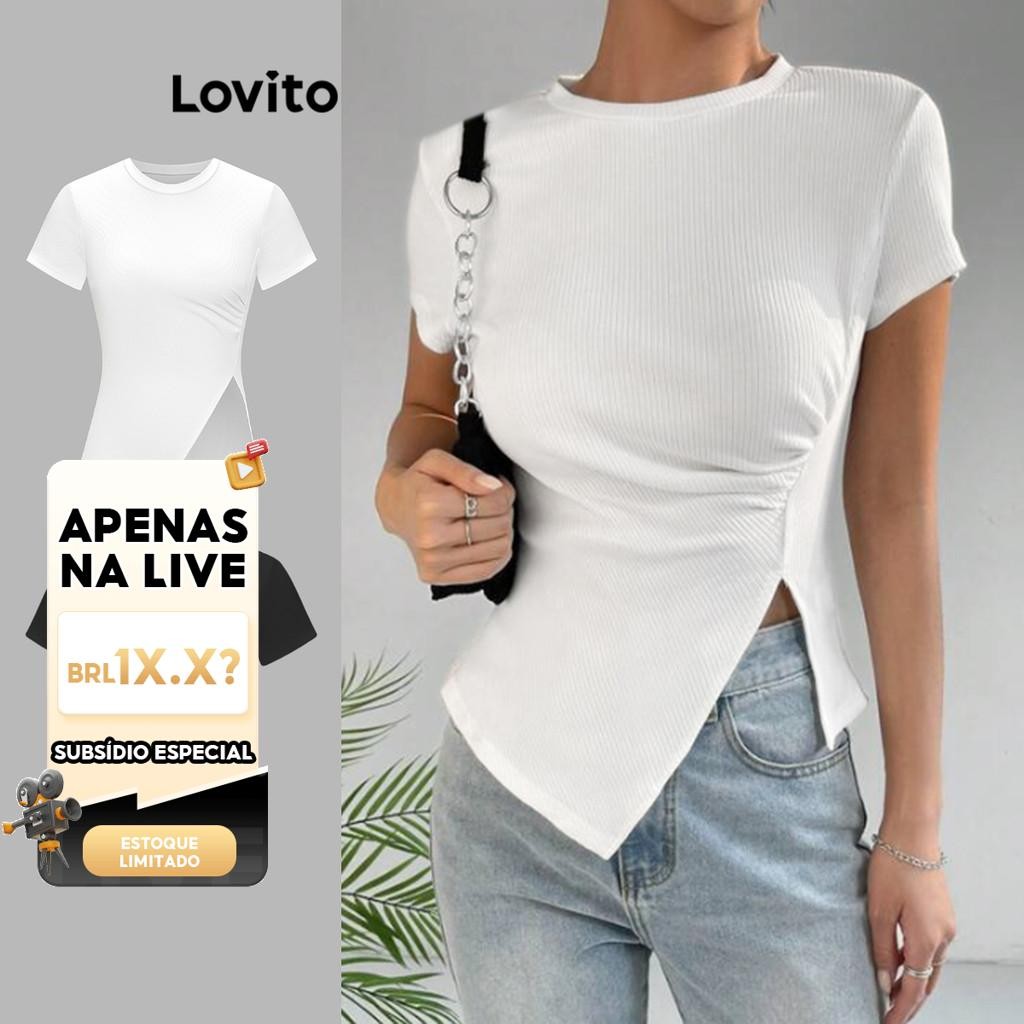 (LIVE STREAM SALE) Lovito Elegante Lisa Camiseta Feminina Plissada com Fenda L65ED029 (Branca) em Oferta na Shopee