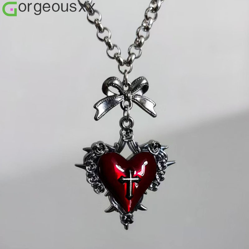 [Gorgeousxx] Y2K Punk Rebite Amor Coração Bowknot Pingente Corrente De Clavícula Para Mulheres Colares Góticos Joias