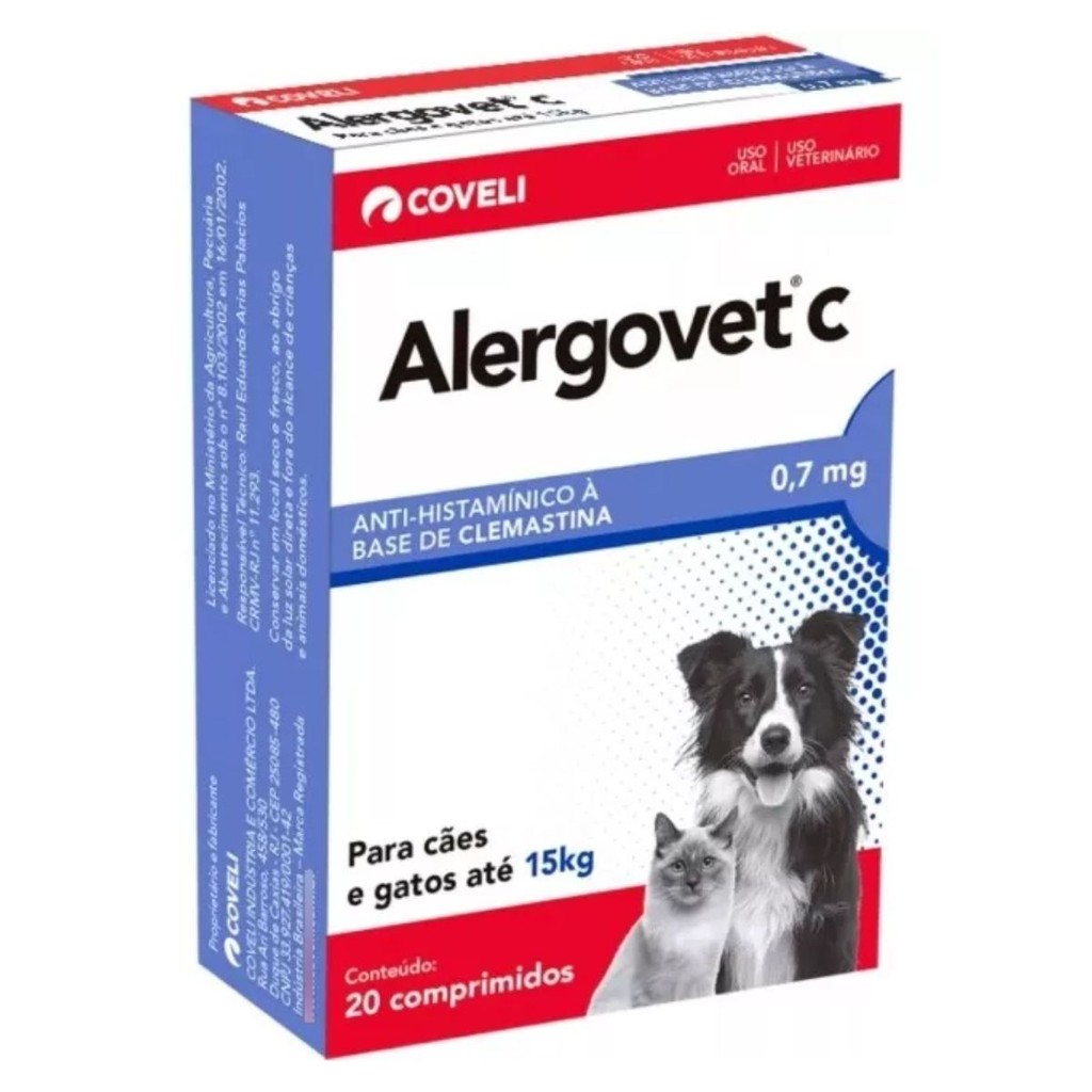 Antialérgico Alergovet C 0,7mg para Cães e Gatos C/ 20 Comp.