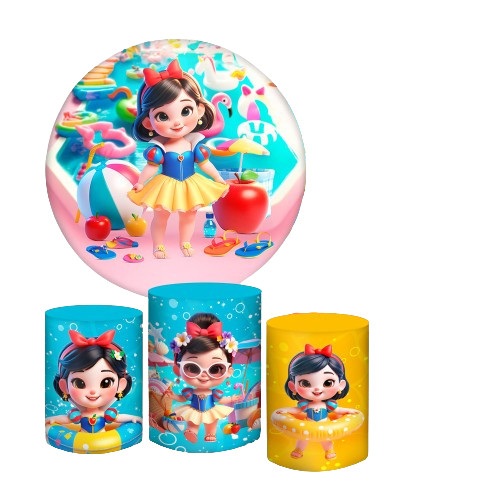Painel redondo + capas cilindro tecido Branca de neve pool party