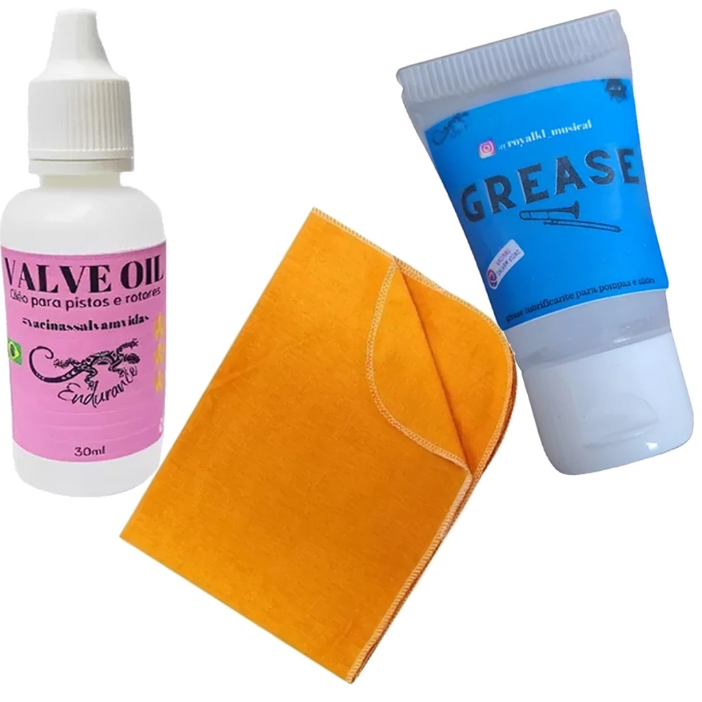 Kit 1 Grease 1 Oléo Lubrificante Pisto 1 Flanela De Limpeza p/ Sax Clarinete Trompete