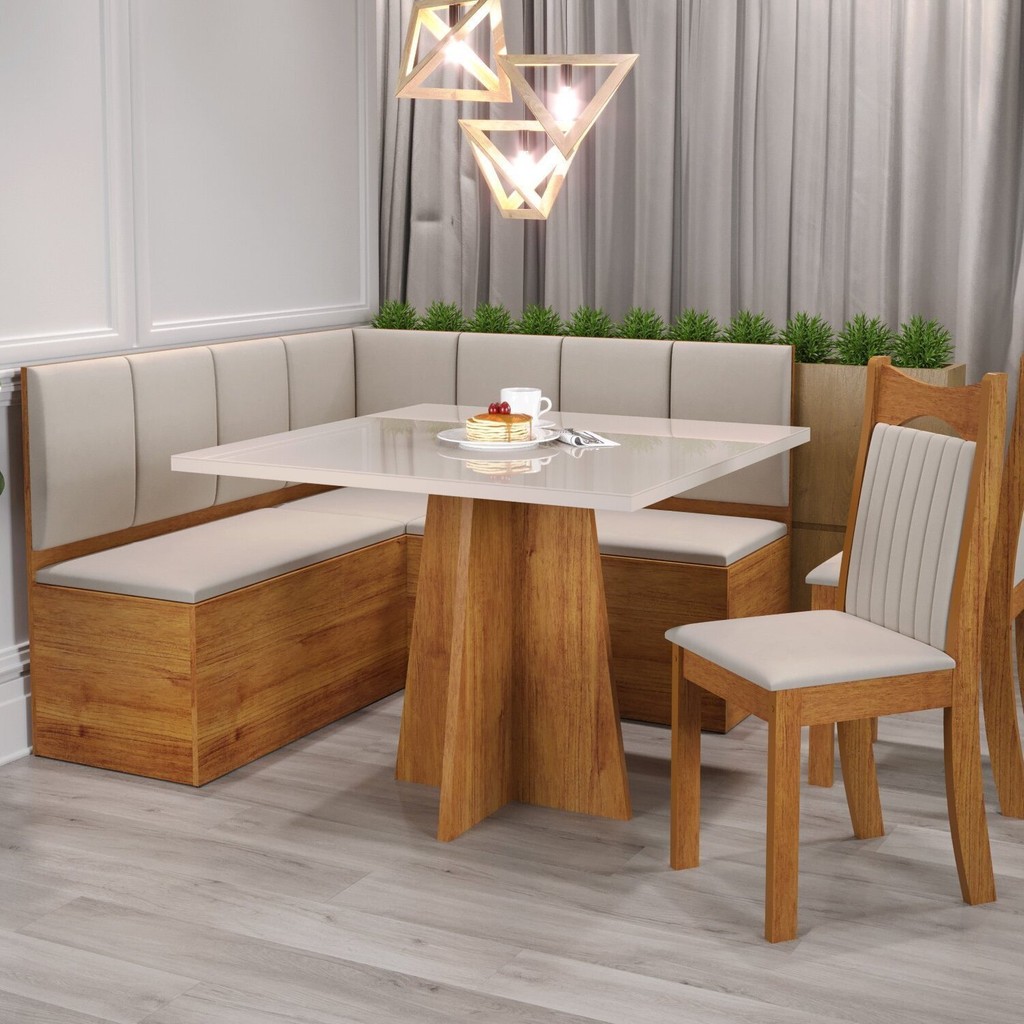 Conjunto Canto Alemão com Baú Trento Mesa Quadrada com Vidro 90x90 e 2 Cadeira Dallas em Mdp/mdf Mel/Marfim/Off White em Oferta na Shopee