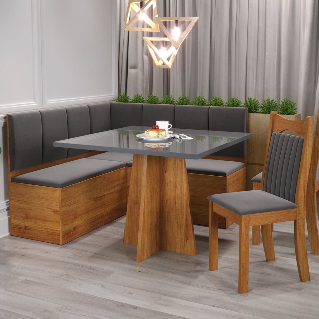 Conjunto Canto Alemão com Baú Trento Mesa Quadrada com Vidro 90x90 e 2 Cadeira Dallas em Mdp/mdf Mel/Grafite - Home & Living