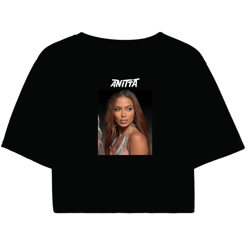 Cropped Feminino Preto Tumblr blogueira Anitta Pop Funk Brasileira Cantora feminina manga curta