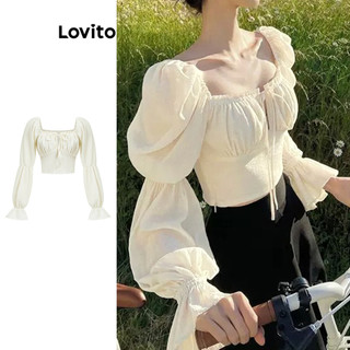 Lovito Blusa casual lisa com amarração frontal para mulheres LAD106783 em Oferta na Shopee