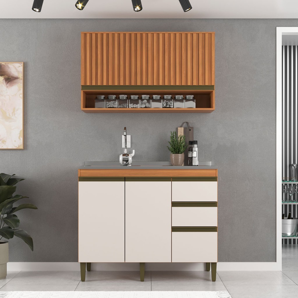 Cozinha Compacta Cecilia 3 Portas 3 Gavetas Ripado Freijó/Off White - Jcarvalho em Oferta na Shopee