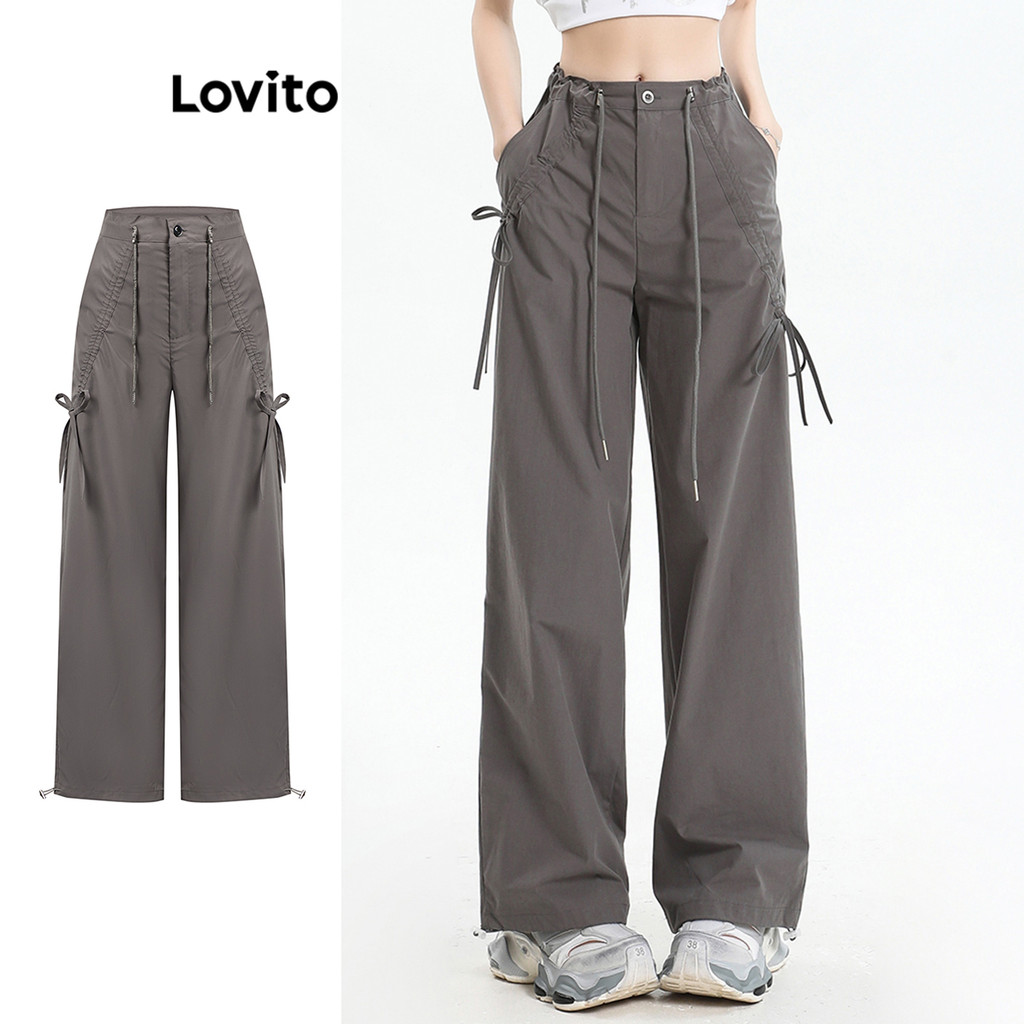 Lovito Calça Casual Com Cordão Liso Franzido Para Mulheres L110AD121 - Women Clothes
