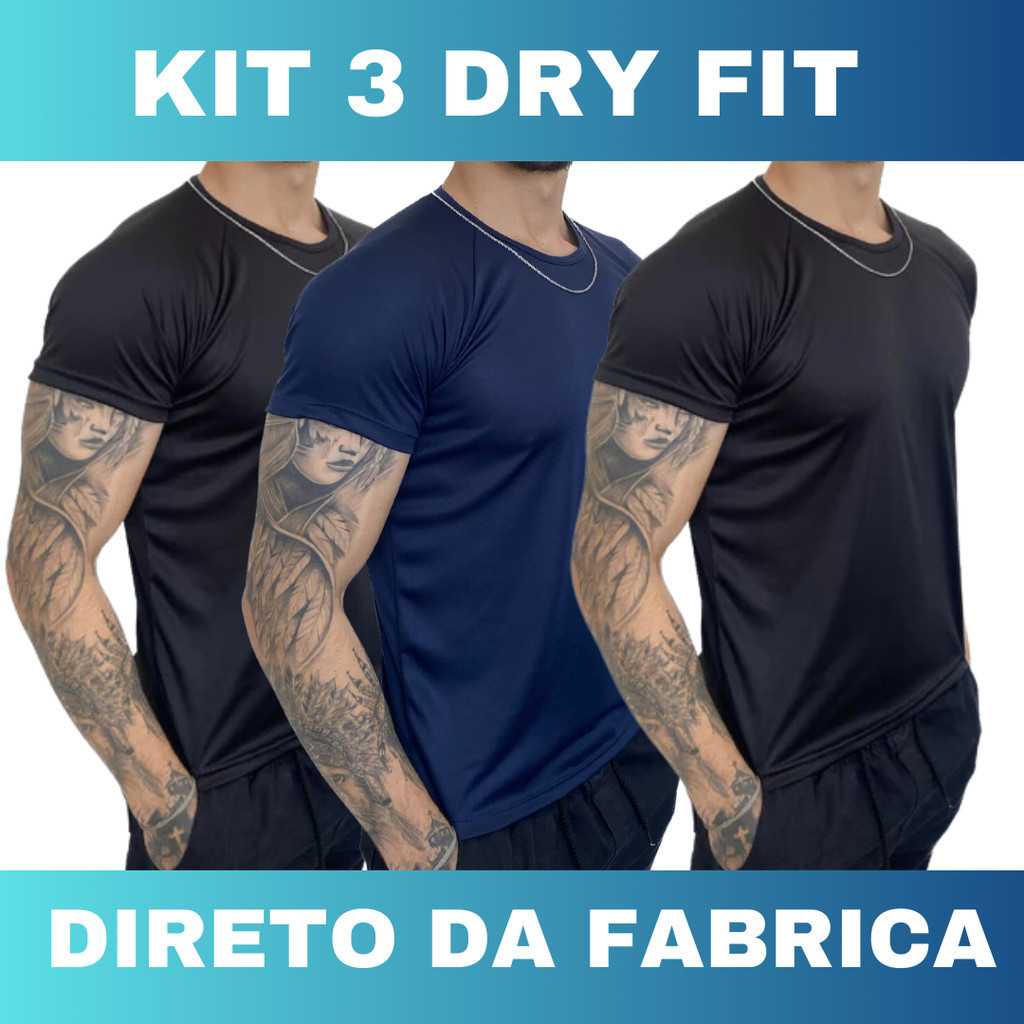 Kit 3 Camisetas Dri Fit Masculina Manga Curta Fitness Para Treino Academia e Corrida