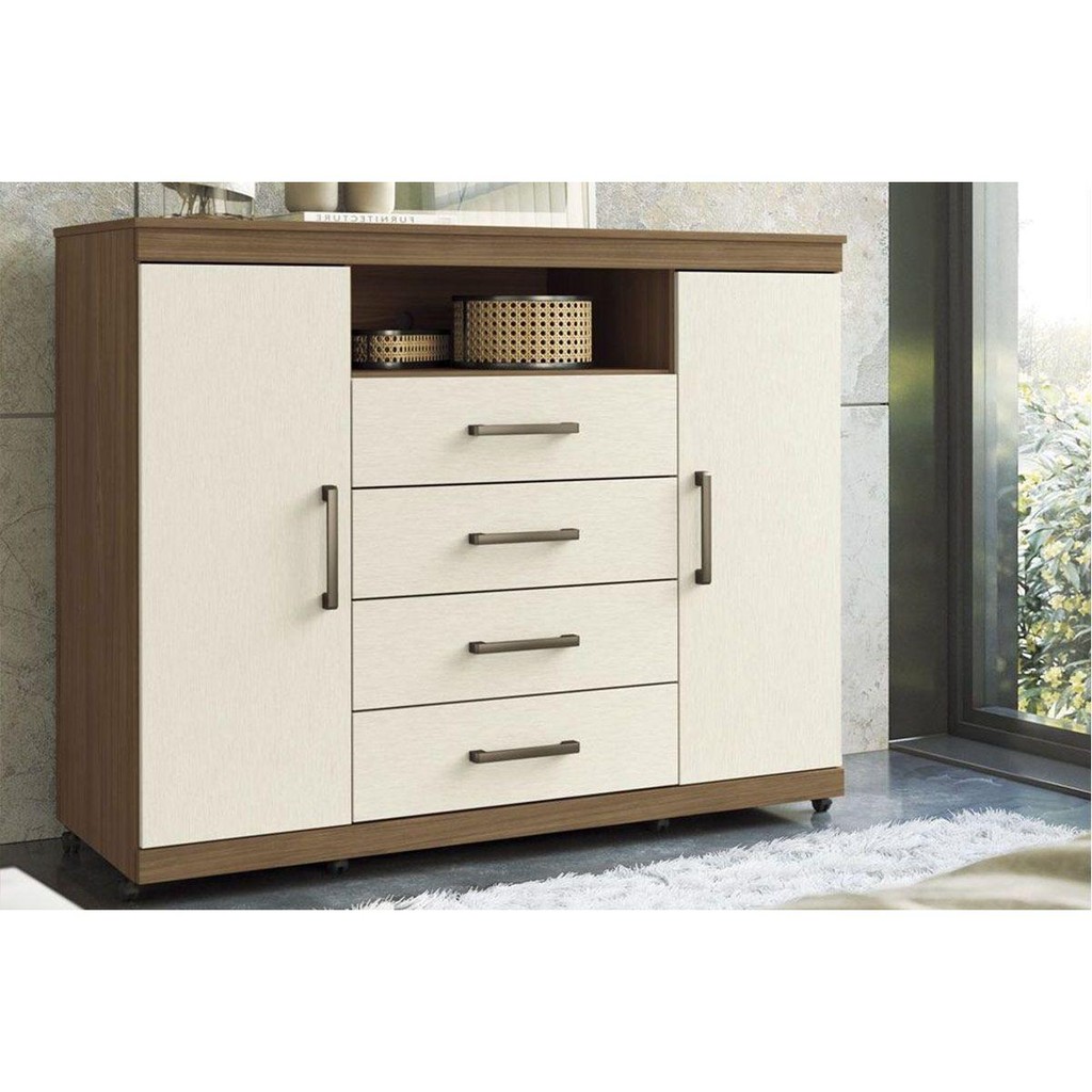 Cômoda de Quarto Master c/ 2 Portas 1 Nicho e 4 Gavetas c/ Rodízio jatoba/Areia - Santos Andirá em Oferta na Shopee