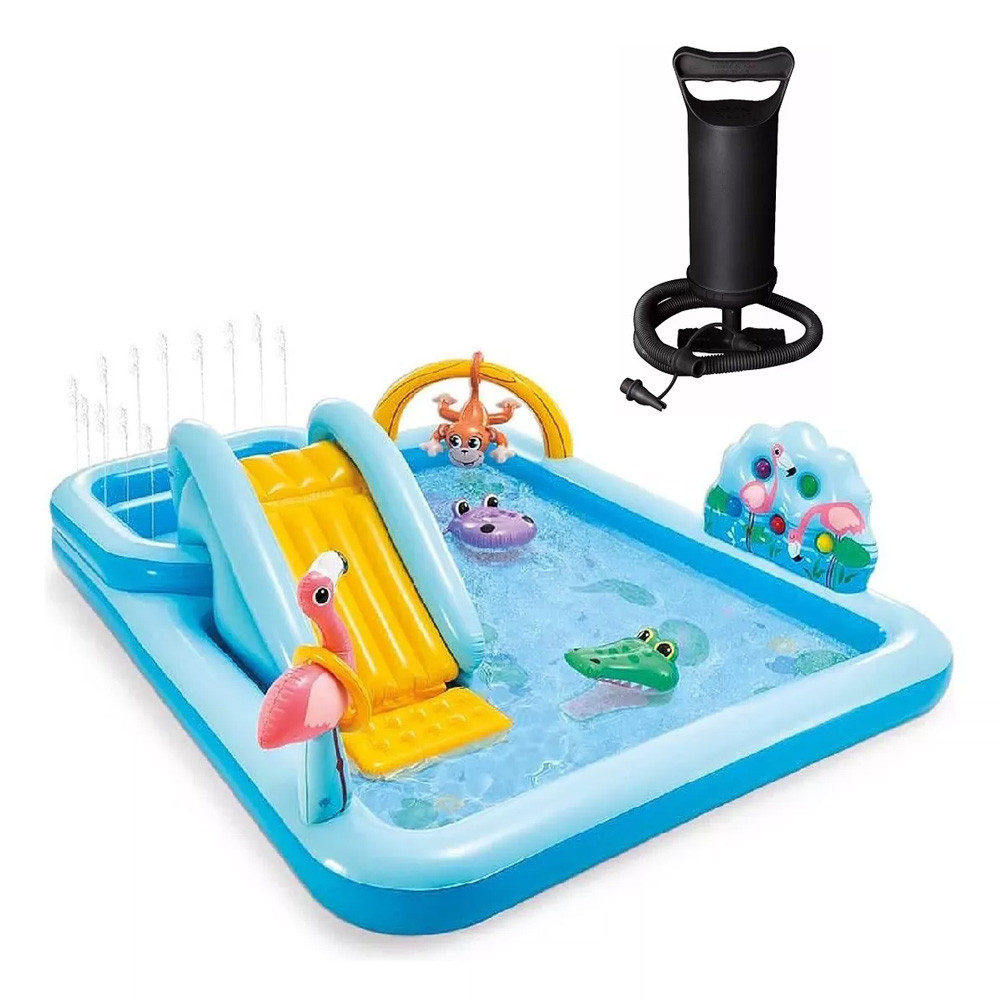 Piscina Infantil Inflável Tema Aventura na Floresta 493 Litros Com Bomba de Ar Manual 3 Bicos Intex