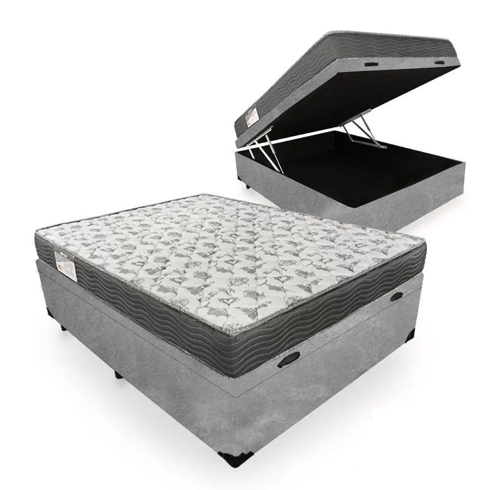 Cama Box Baú Casal Suede + Colchão De Espuma D33 - Serene - 138cm Cinza