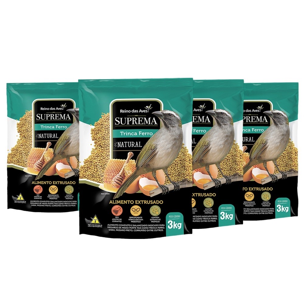 KIT 4 Unidades Ração para Pássaros Trinca ferro Suprema 3 kg Reino das Aves