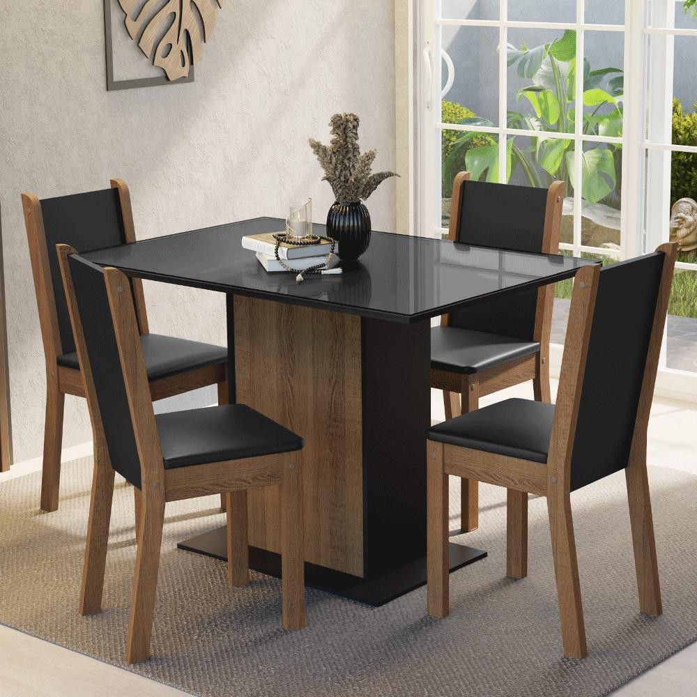 Conjunto Sala de Jantar Mesa Tampo de Vidro 4 Cadeiras Preto/Rustic Martina Madesa - Home & Living
