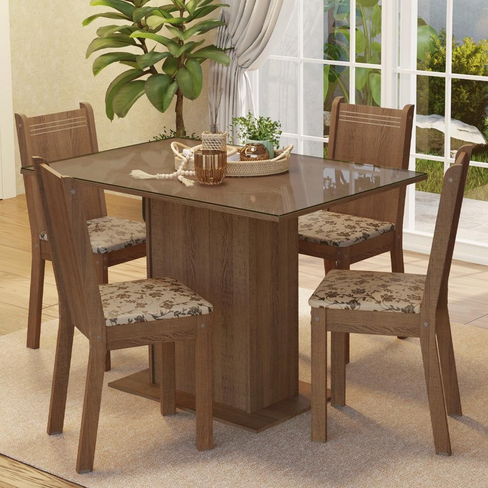 Conjunto Sala de Jantar Mesa Tampo de Vidro 4 Cadeiras Rustic/Bege Marrom Camélia Madesa