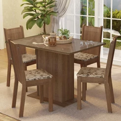 Conjunto Sala de Jantar Mesa Tampo de Vidro 4 Cadeiras Rustic/Bege Marrom Camélia Madesa