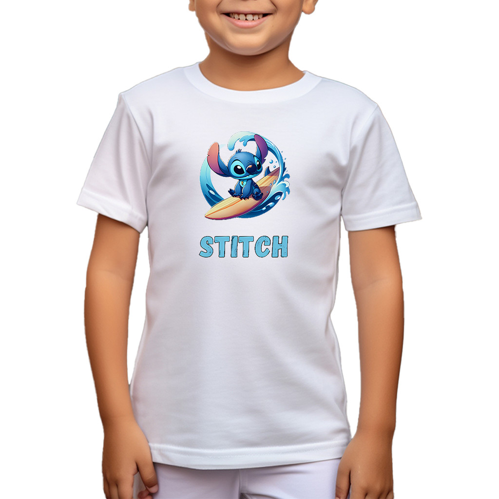 Camiseta Infantil 100% Algodão Stitch Surfando Personagem Infantil