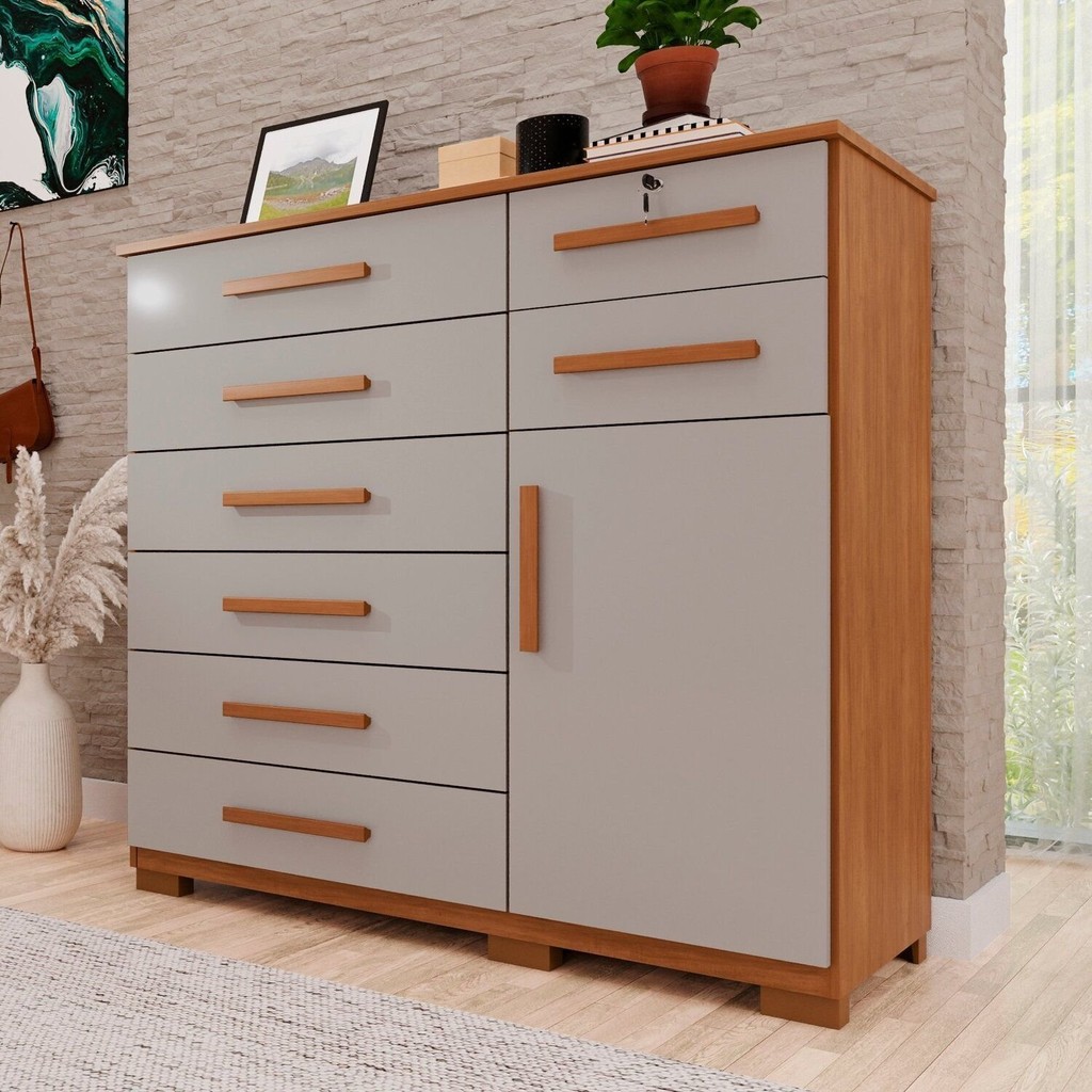 Cômoda para Quarto 1 Portas 8 Gavetas Ônix Expresso Móveis Cinamomo/Off White em Oferta na Shopee