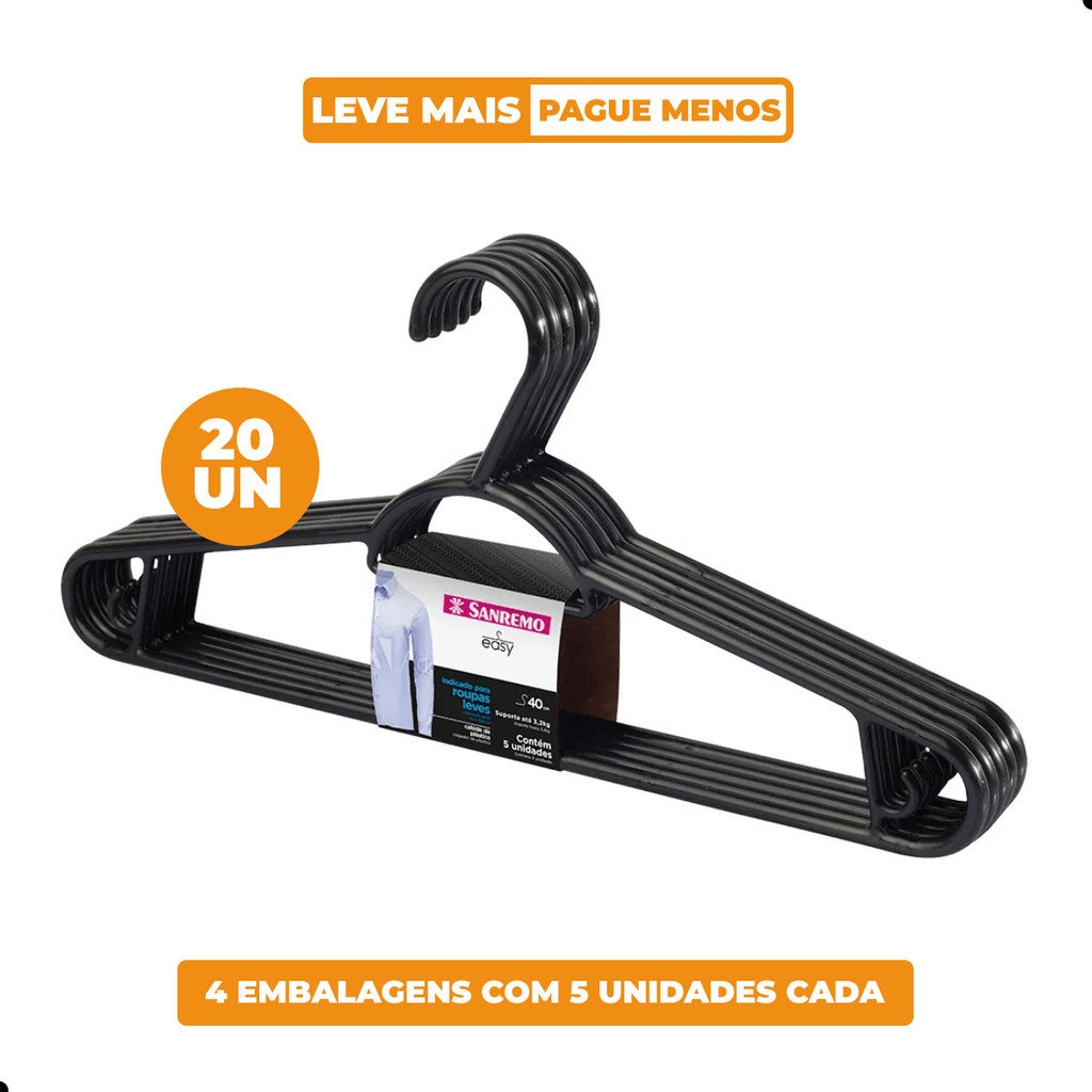 Kit Cabide Plástico Adulto 40cm Preto Sanremo 20 Unidades em Oferta na Shopee