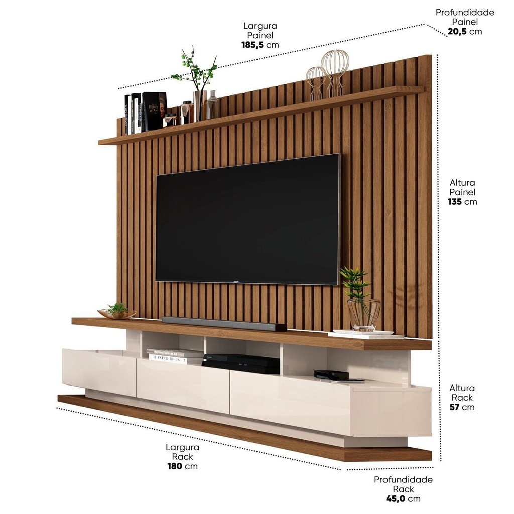 Detalhes do Rack com Painel Ripado para Tv até 72 Polegadas 3 Gavetas e Pés com Rodízios Vivare Classic