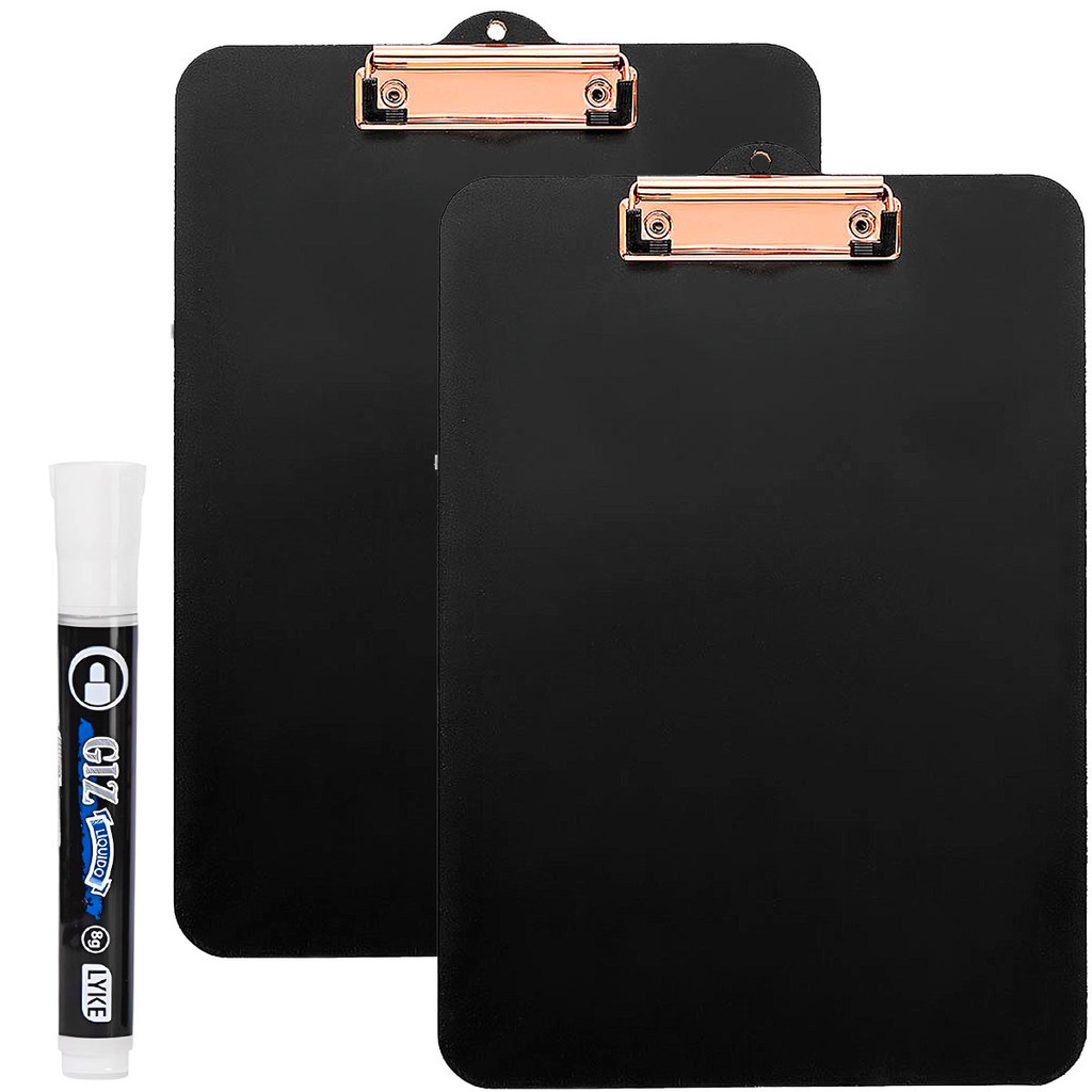 Kit 2 Prancheta Madeira A4 Preta Oficio Black Rose Gold Prendedor Metal + Caneta Giz Líquido Branco