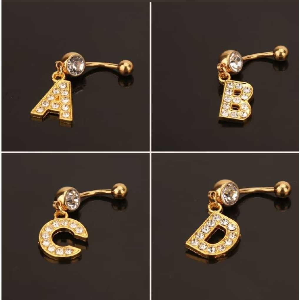 Feeling 316L Piercing de Umbigo Dourado Com Pingente de Letras Iniciais do Nome C/ Cristal Transparente em Oferta na Shopee