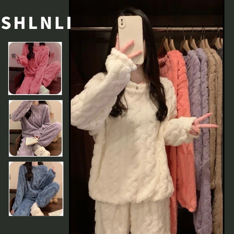 Doce Solto Engrossado Pijama Quente Conjunto De Duas Peças Para Mulheres Outono E Inverno
