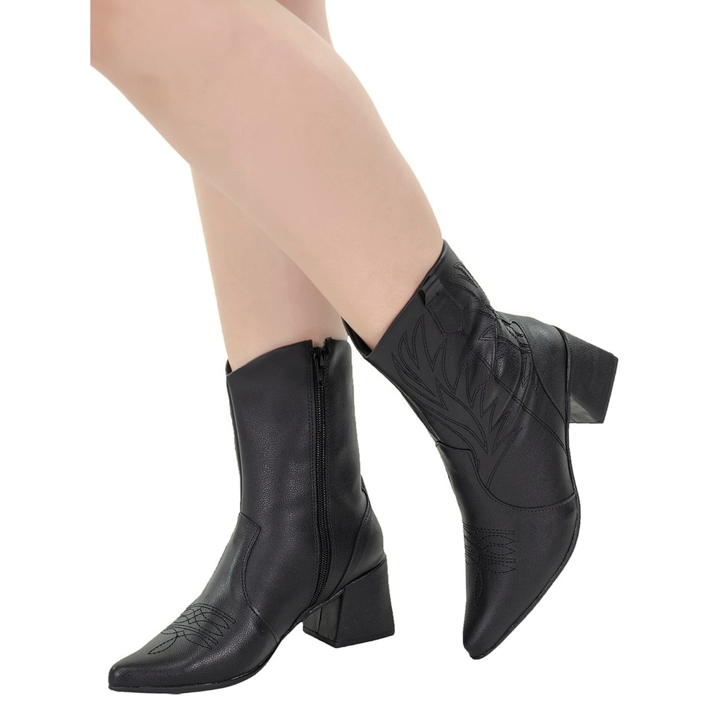 Bota Feminina Western Texana Preta Naty Shoes Cano Curto Bordada Salto Bloco Tamanho Especial em Oferta na Shopee