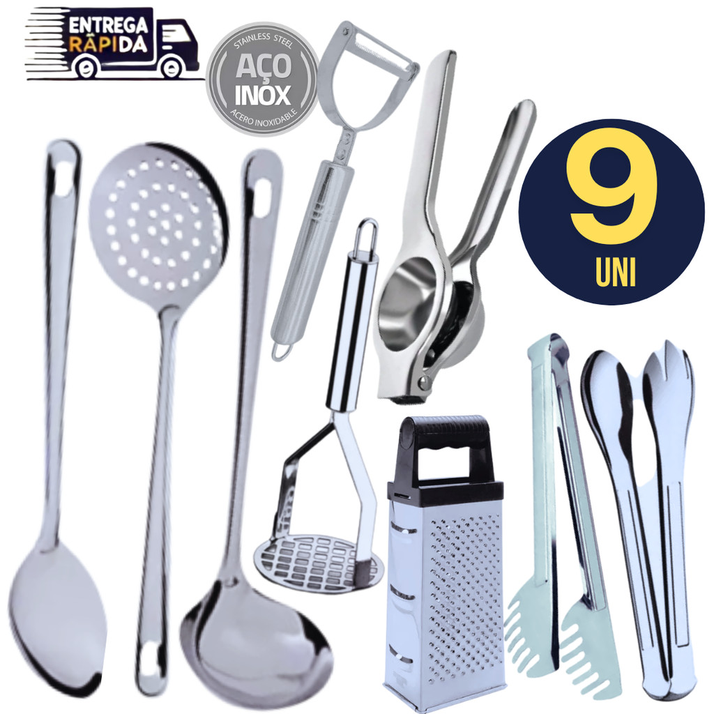 9 Utensílios Inox Colher arroz Concha Escumadeira Amassador Espremedor Ralador Descascador Pegador carne Pegador massa