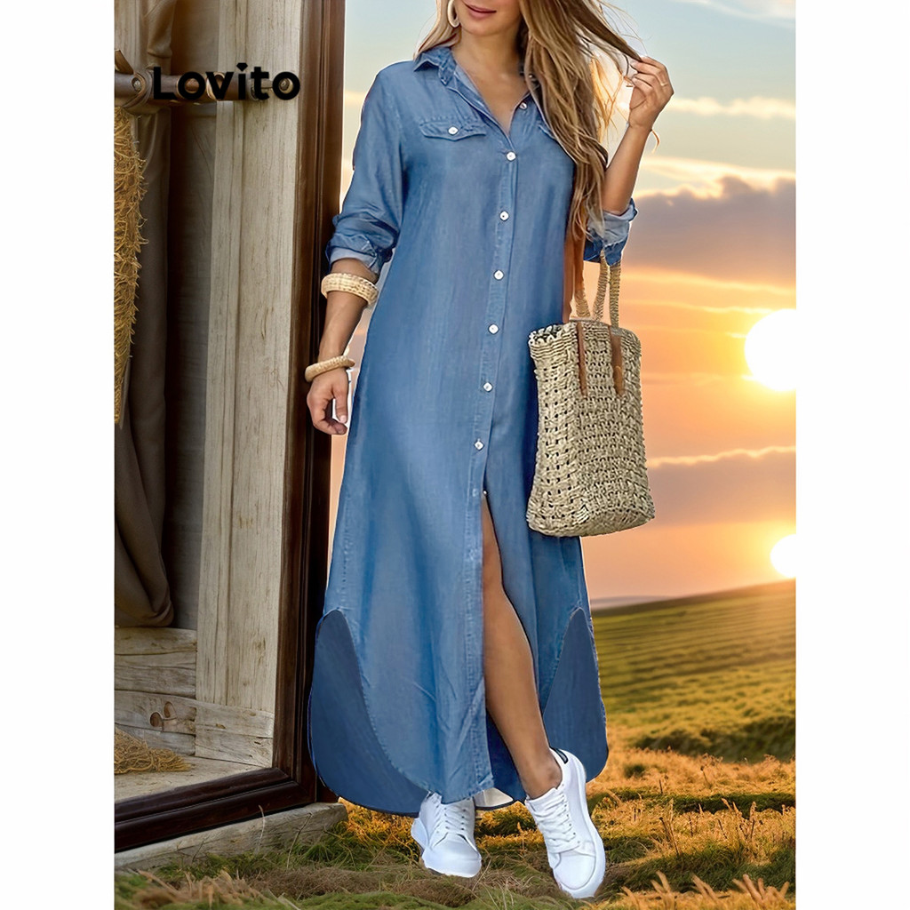 (Trendy) Lovito Vestido Casual Outono Inverno Com Botão Para Mulheres LNL52073 - Women Clothes