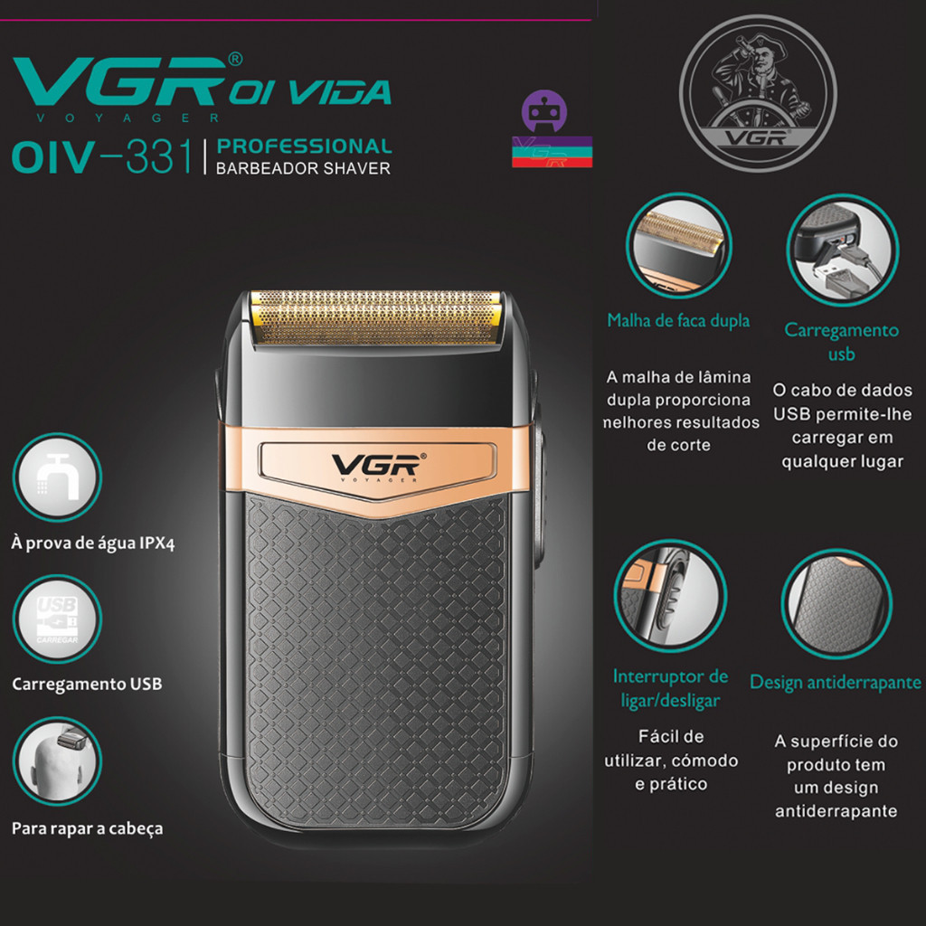 Cortador De Cabelo Profissional Vgr Oiv-331 Bivolt Compacta Preto com Dourado Sem Fio Cabelo Barba - Beauty