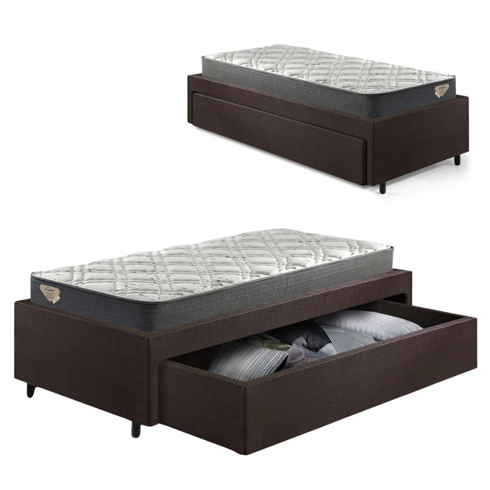 Cama Box Solteirão Sapateira Courino Linho Marrom e Colchão Adapto Ecoflex 96x203
