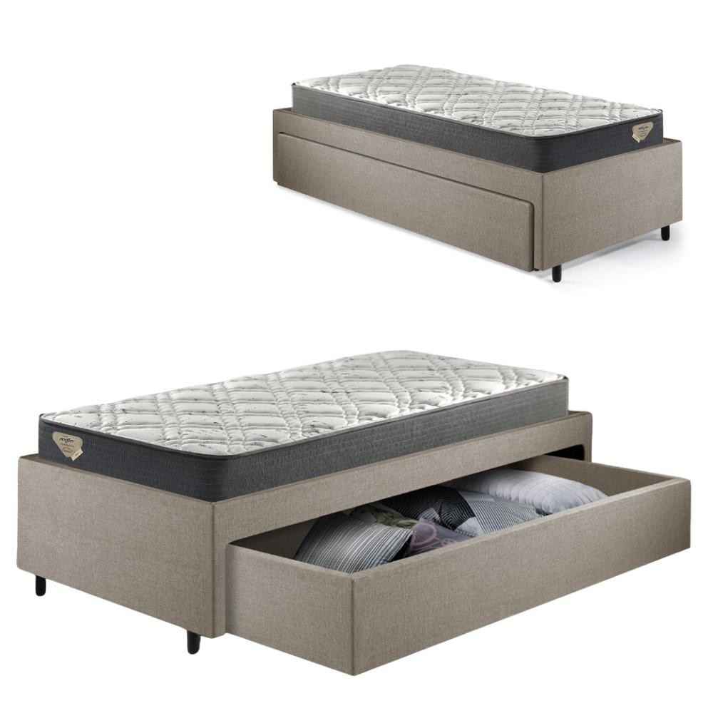 Cama Box Viúva Sapateira Linho Bege e Colchão Adapto Ecoflex 120x203