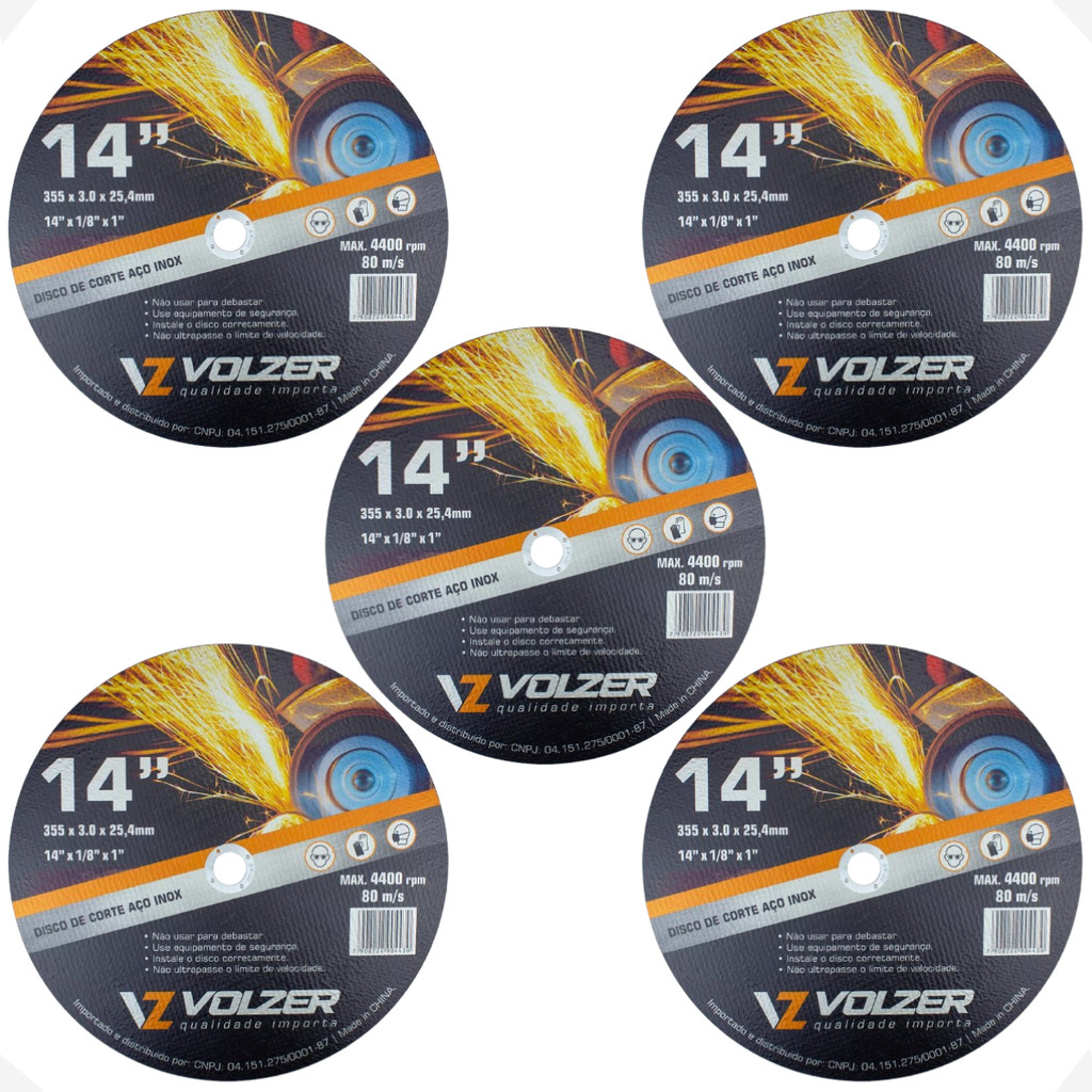Kit 5 Discos de Corte Policorte Volzer Aço Inox 14 Pol x 3mm x 1 Polegadas