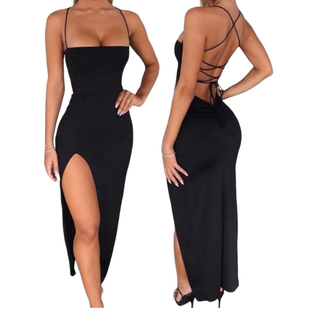 Vestido Longo Suplex Fenda na frente Empina Detalhe no Bumbum Festa Alca Trançado nas cost...