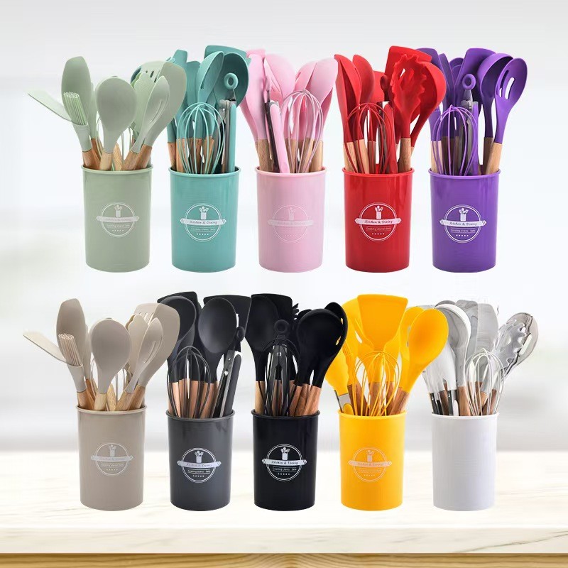 Colheres Linha Kit 12 Peças Utensílios Cozinha Em Silicone Maciço E Cabos De Madeira