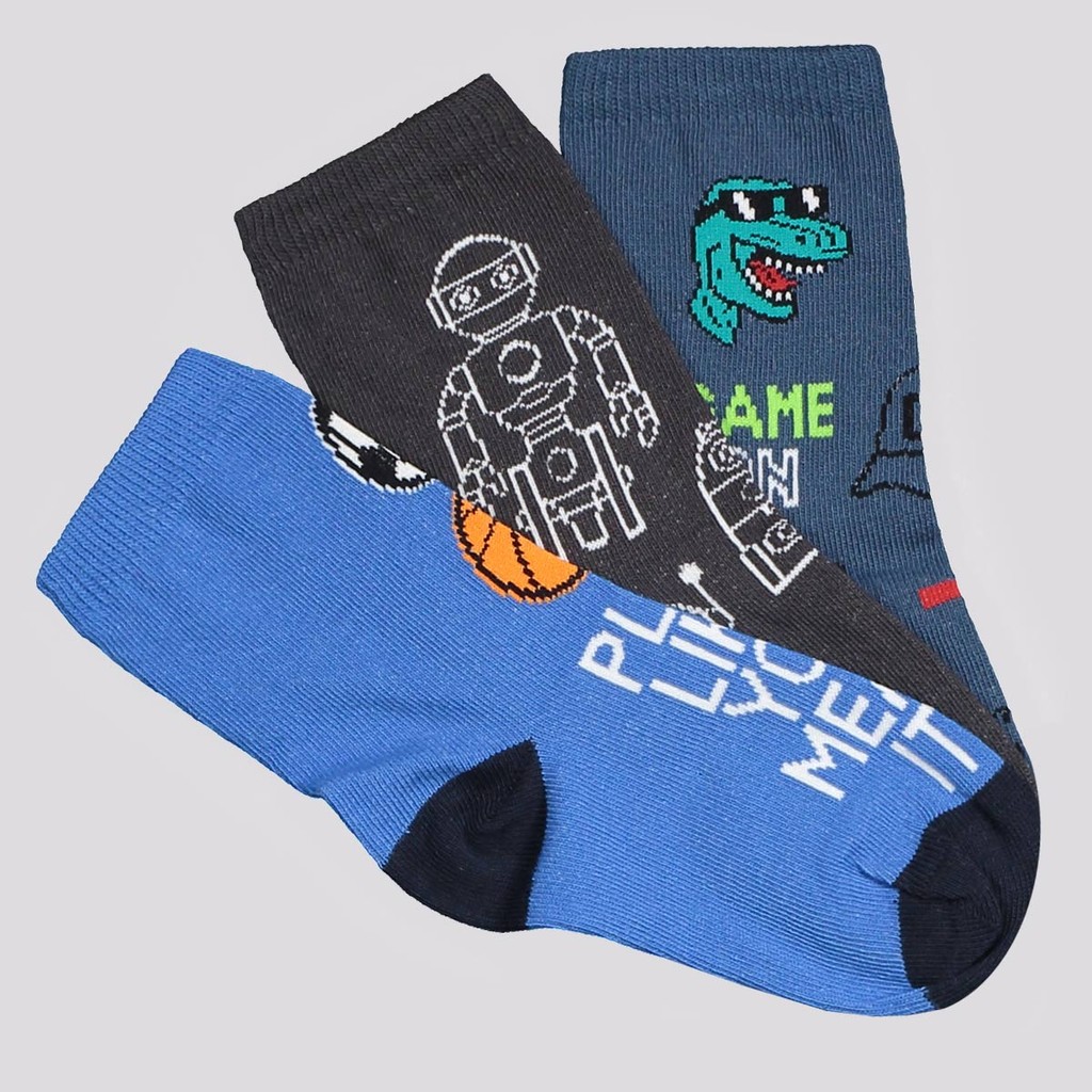 Kit Meia Selene 3 Pares Cano Longo Infantil Azul Grafite e Petróleo - Baby & Kids Fashion